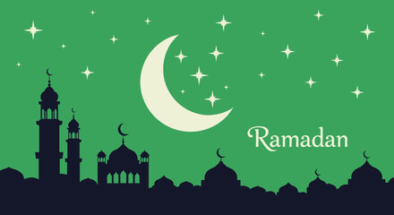 Ramadan Kareem greeting with crescent moon and mosque silhouettes under starry sky.