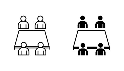 Group meeting around table icon set in outline style representing teamwork, discussion, collaboration, conference, and business communication.