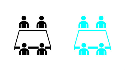 Group meeting around table icon set in outline style representing teamwork, discussion, collaboration, conference, and business communication.