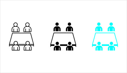Group meeting around table icon set in outline style representing teamwork, discussion, collaboration, conference, and business communication.