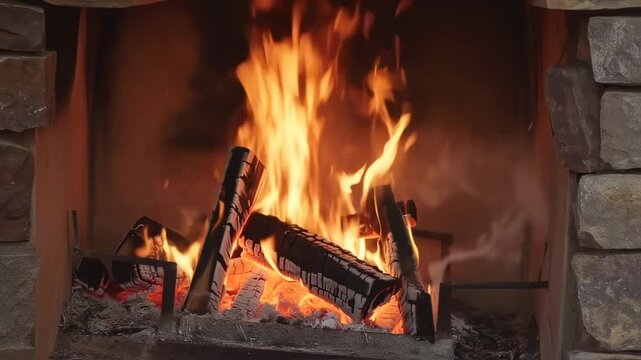 A fireplace ablaze with fire, smoke, and logs inside a stone hearth