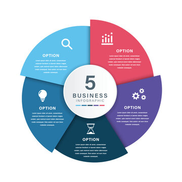 5 Segment Circular Business Infographic with Central Hub and Color-Coded Strategic Icons