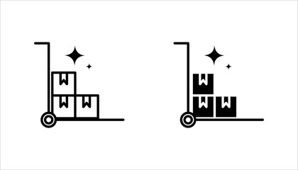 Outline icon set. of a trolley carrying stacked boxes, representing warehouse, logistics, delivery, storage, and inventory management.