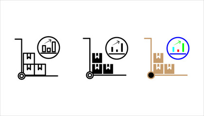 Hand truck with boxes and growth chart icon set. in outline style representing logistics, warehouse operations, shipping, delivery, and business growth.