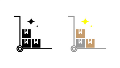 Outline icon set. of a trolley carrying stacked boxes, representing warehouse, logistics, delivery, storage, and inventory management.