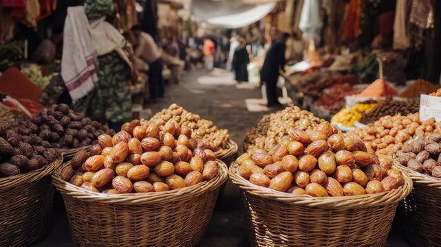 Fresh date fruits in baskets at a bustling marketplace with shoppers