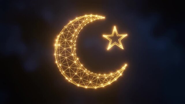 Glowing crescent moon and star symbol against a dark night sky with clouds, used for religious or cultural celebrations