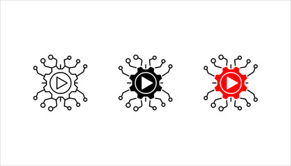 Outline icon set. of a gear with play button and connected circuit nodes, representing digital system, automation, media technology, and smart network concept.