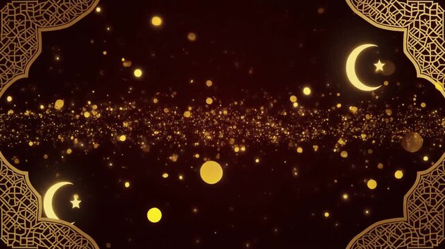 Glowing gold crescent moons and stars on a dark background with ornate borders, used for festive or celebratory designs