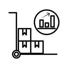 Hand truck with boxes and growth chart icon in outline style representing logistics, warehouse operations, shipping, delivery, and business growth.
