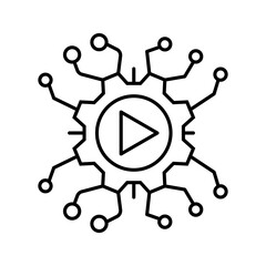 Outline icon of a gear with play button and connected circuit nodes, representing digital system, automation, media technology, and smart network concept.