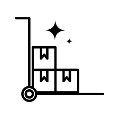 Outline icon of a trolley carrying stacked boxes, representing warehouse, logistics, delivery, storage, and inventory management.