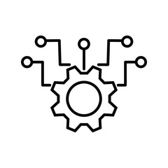 Outline icon of a gear with connected circuit lines, representing technology network, system integration, automation, and digital connectivity.