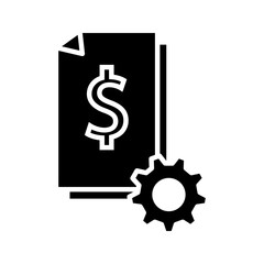 Document with dollar symbol and gear icon in outline style representing finance management, accounting settings, billing systems, and financial operations.