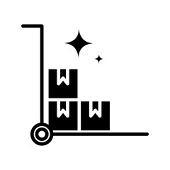 Outline icon of a trolley carrying stacked boxes, representing warehouse, logistics, delivery, storage, and inventory management.