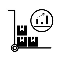 Hand truck with boxes and growth chart icon in outline style representing logistics, warehouse operations, shipping, delivery, and business growth.