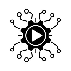 Outline icon of a gear with play button and connected circuit nodes, representing digital system, automation, media technology, and smart network concept.
