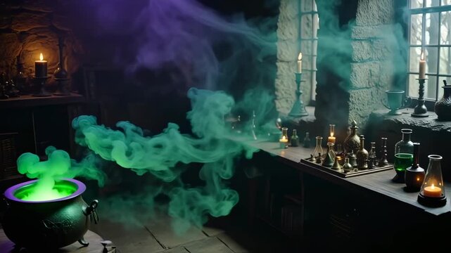 A cauldron of potion bubbles green smoke in a shadowy lab
