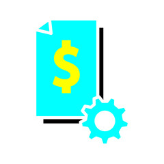 Document with dollar symbol and gear icon in outline style representing finance management, accounting settings, billing systems, and financial operations.