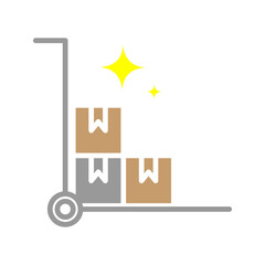 Outline icon of a trolley carrying stacked boxes, representing warehouse, logistics, delivery, storage, and inventory management.