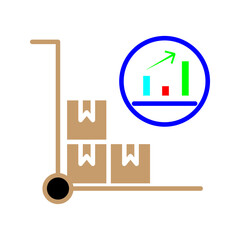 Hand truck with boxes and growth chart icon in outline style representing logistics, warehouse operations, shipping, delivery, and business growth.