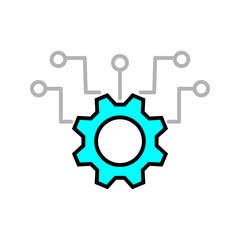 Outline icon of a gear with connected circuit lines, representing technology network, system integration, automation, and digital connectivity.