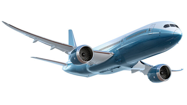 Modern blue commercial passenger airplane jet aircraft flying perspective detailed engine wings aerodynamics transportation isolated on white background
