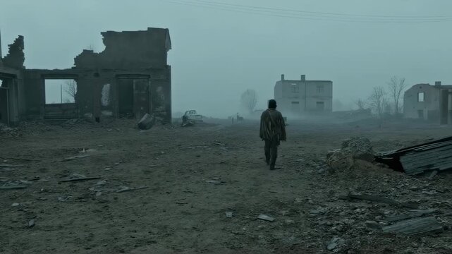 A person walks through a post-apocalyptic, fog-filled landscape
