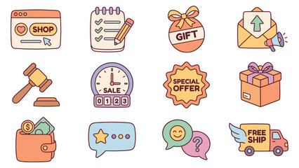 A set of twelve shopping icons on a white canvas, depicting online transaction symbols such as cart, gift, sale badge, free‑ship package and wallet from a flat perspective