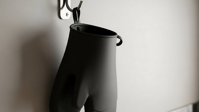 Single rain boot hanging on wall hook