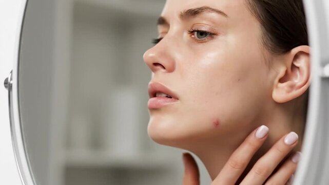 Woman inspecting blemish on her face in mirror