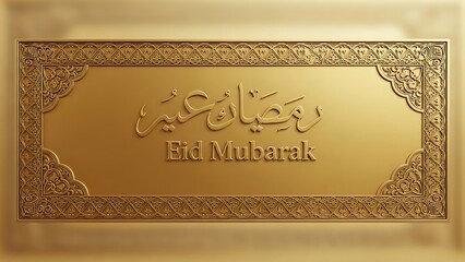Fototapeta premium Eid mubarak greeting card with arabic calligraphy and ornate gold design