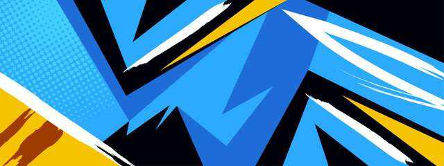 High energy sports background featuring electric blue streaks and yellow accents with aggressive black angular shapes and brush strokes © SyahCreation