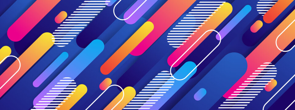 Overlapping diagonal rounded lines in blue orange pink and yellow with dashed textures