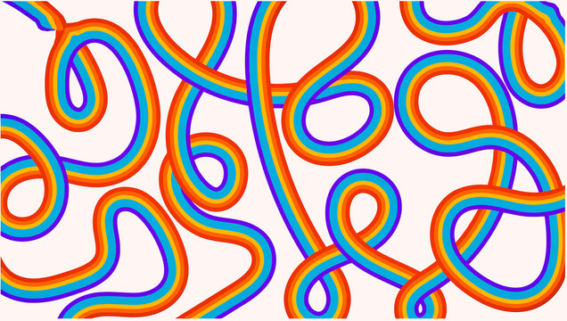 Seamless vector illustration featuring an abstract colorful background of bright rainbow circles and decorative wavy lines in a retro mosaic pattern design