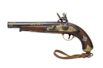 Antique Flintlock Pistol with Ornate Metalwork and Wooden Handle