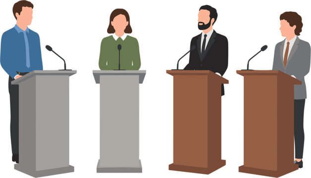Diverse Group of Political Candidates or Business Professionals Giving Speeches at Podiums During Public Debate or Press Conference Flat Vector Illustration