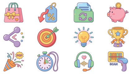 Fototapeta premium Explore this vibrant shopping, marketplace, ecommerce, and retail consumer icon set, a versatile pack illustrating business promotions, sales, and customer success concepts