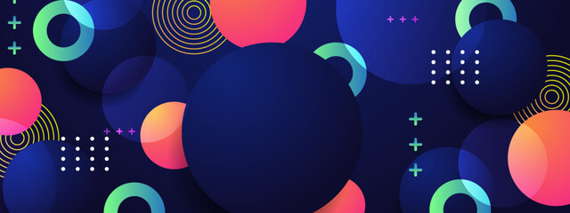 Obraz premium Abstract dark blue background featuring glowing colorful circles and geometric patterns for digital design