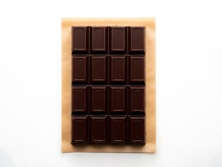 Fototapeta premium Top view of a dark chocolate bar with 16 segments on a light brown wrapper isolated on white