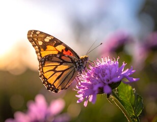Fototapeta premium A vibrant butterfly perches on a delicate purple flower
