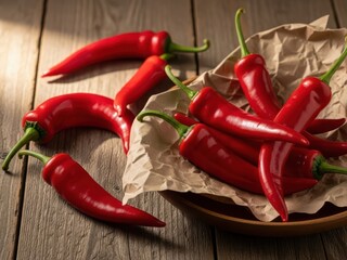 A vibrant arrangement of red chili peppers on a rustic wooden table with parchment paper