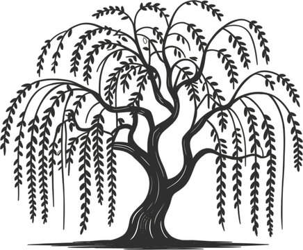 Elegant weeping willow tree vector illustration featuring artistic hanging branches and lush foliage isolated on a clean white background for nature design