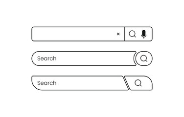 Obraz premium Set of unique search bar line icons with rounded and organic shapes. Minimalist vector outline UI elements with magnifying glass and voice search for modern web design