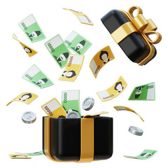 Gift Box Overflowing with 10,000 and 50,000 South Korean Won Bills 3D Illustration