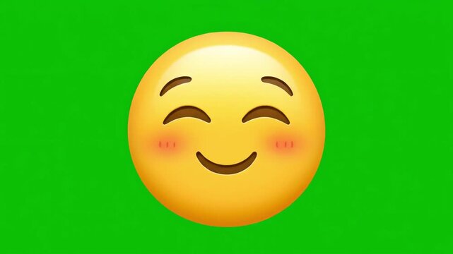 A vibrant digital illustration of a shy, blushing emoji face smiling happily, isolated on a bright green screen.