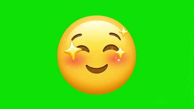 A bright yellow, digitally rendered blushing emoji with star eyes smiles shyly on a green screen.