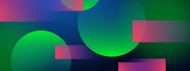 Fototapeta premium A modern abstract composition featuring overlapping translucent green circles and horizontal purple bars on a deep blue gradient background