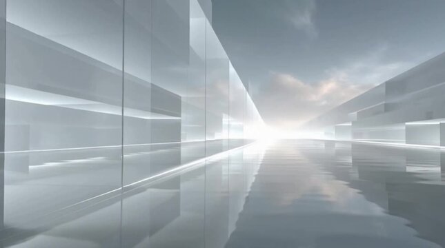 Bright, clean, and futuristic architectural space with a reflective floor leading towards a distant light source.