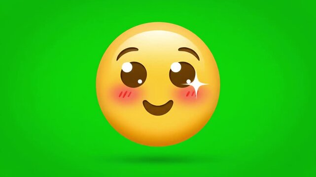 A cute, shiny 3d blushing emoji face expressing adoration is isolated on a vibrant green screen background.